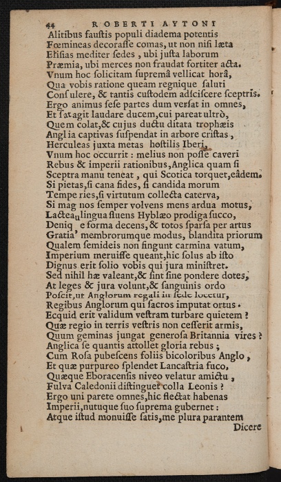 Photograph of Robert Ayton: Ad Iacobum VI, Britanniarum regem, Angliam petentem, Roberti Aytoni Panegyris (Paris, 1603)