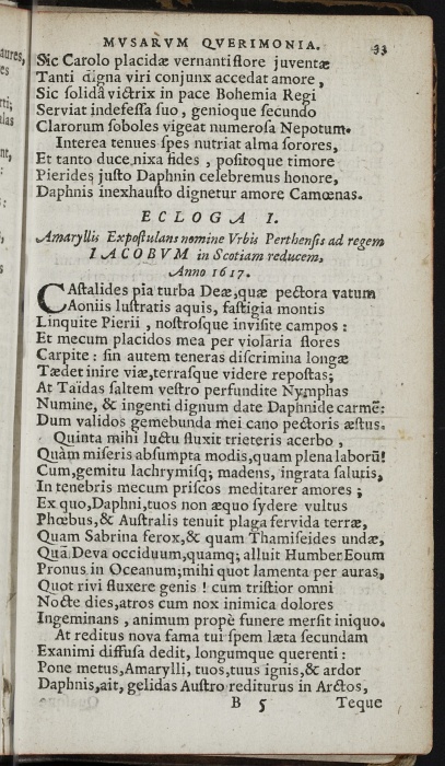 Photograph of Henry Anderson: Ecloga I  Amaryllis Expostulans nomine Vrbis Perthensis ad regem Iacobum in Scotiam reducem, Anno 1617