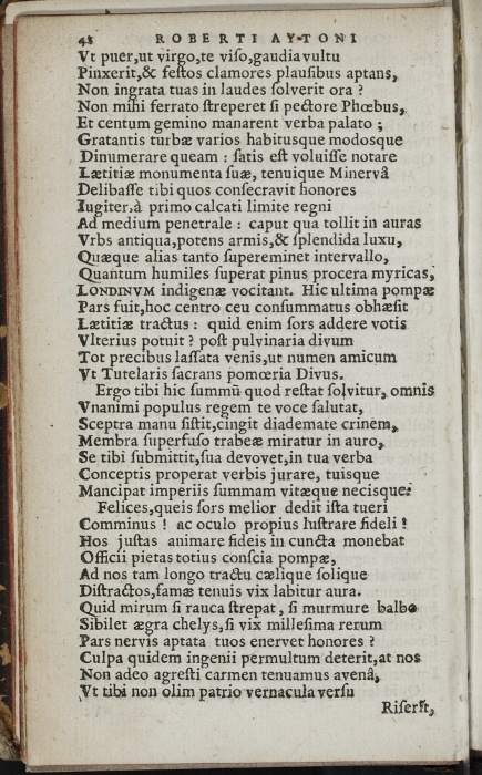 Photograph of Robert Ayton: Ad Iacobum VI, Britanniarum regem, Angliam petentem, Roberti Aytoni Panegyris (Paris, 1603)