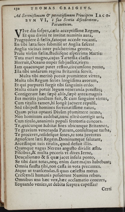 Photograph of Thomas Craig of Riccarton: Ad serenissimum & potentissimum Principem Iacobum VI, è sua Scotia discedentem, Paraeneticon (1603)