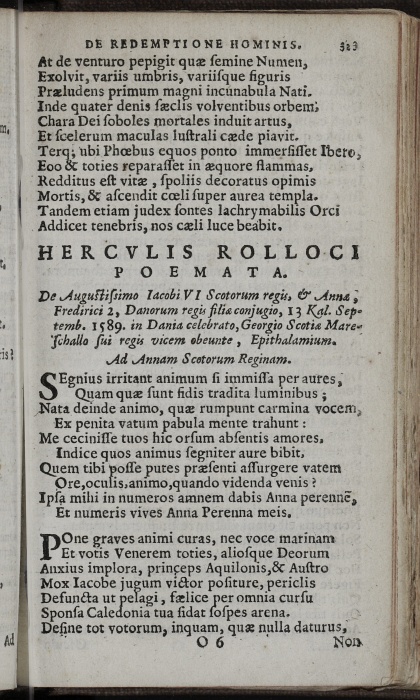 Photograph of Hercules Rollock: De Augustissimo Iacobi VI Scotorum Regis, & Annae, Frederici 2, Danorum Regis filiae conjugio, 13 Kal. Septemb. 1589. in Dania celebrato, Georgio Scotiae Mareschallo sui Regis vicem obeunte, Epithalamium. Ad Annam Scotorum Reginam.